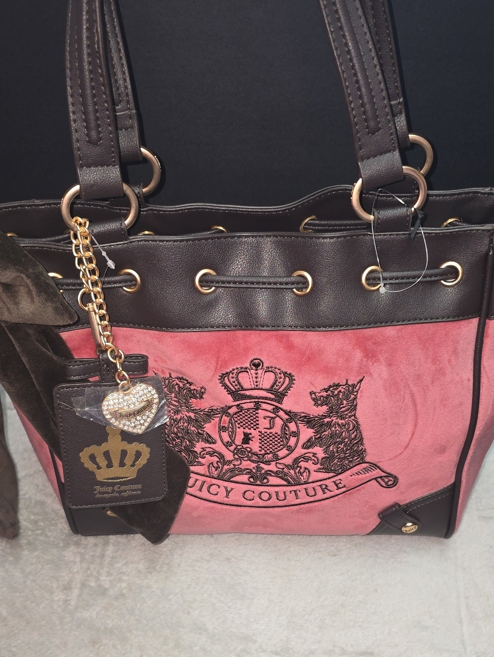 NWT Juicy Couture Pink and Brown Crest Tote with Gold Accents